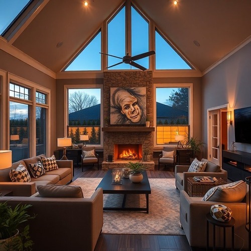Smart living room with fireplace, large windows, and lighting
