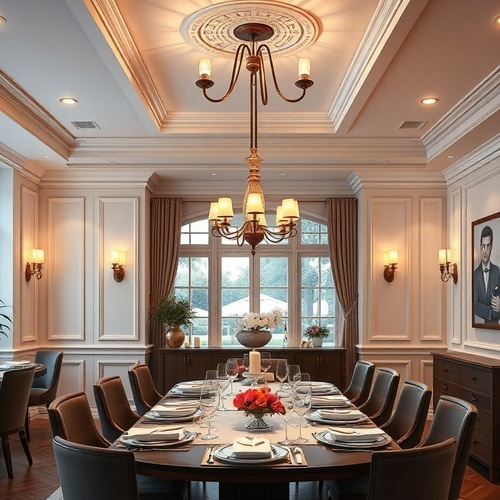 Elegant dining room with warm decorative lighting fixtures