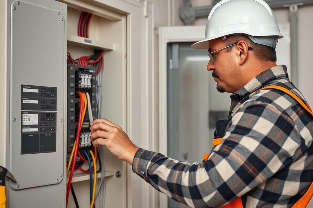 Electrician checking home circuit panel