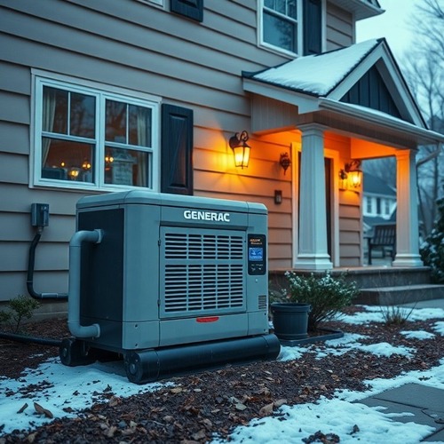 Backup generator outside home during winter conditions