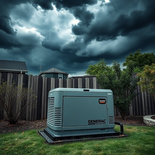 Home backup generator running beneath dark storm clouds