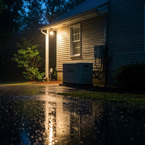 Standby generator running beside home during heavy nighttime rainstorm