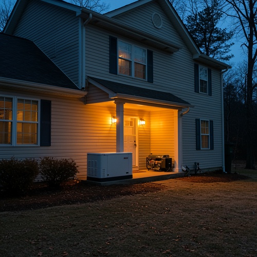 Suburban home glowing warmly with standby generator ready outside