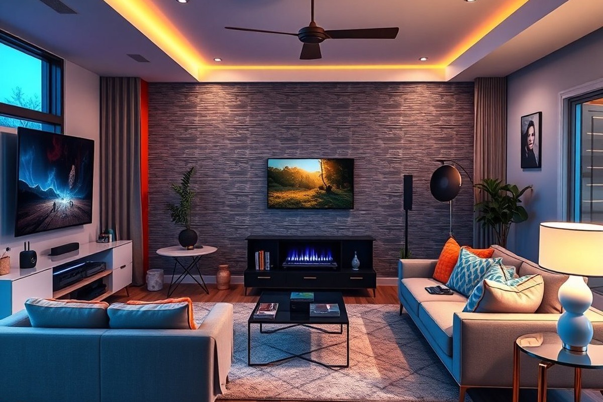 Modern living room with ambient LED lighting and entertainment